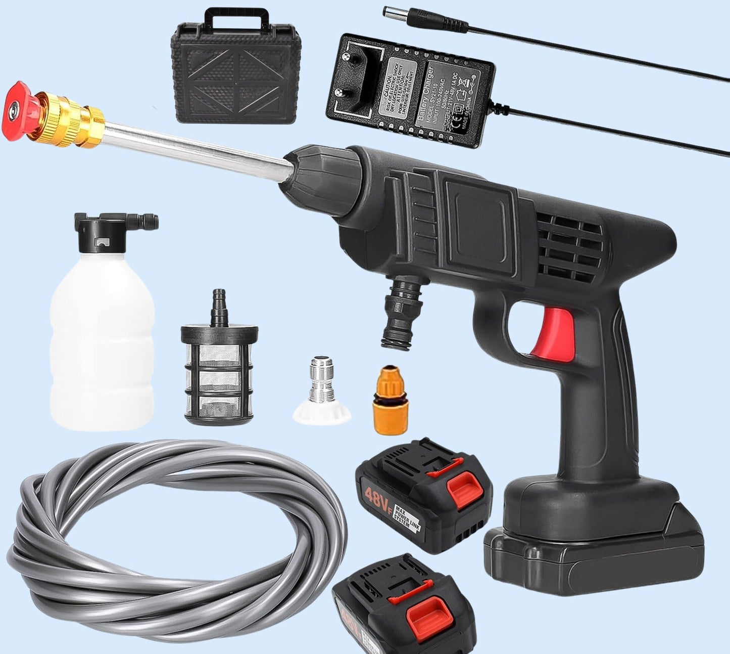 High-Pressure 48V Double Battery Car Washer Gun with 12.6V Charger – Powerful Portable Cleaning Solution for Cars, Bikes & More