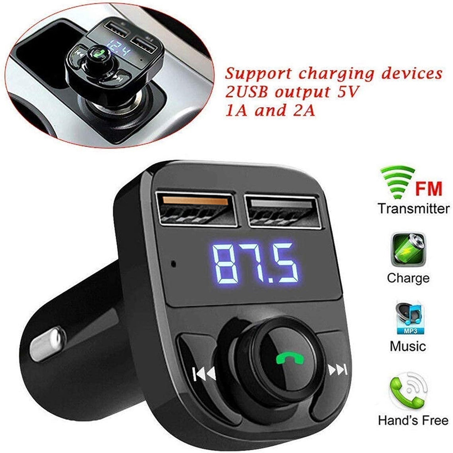 Car Bluetooth FM Transmitter with Fast Dual USB Charger - 3.1A Quick Charge