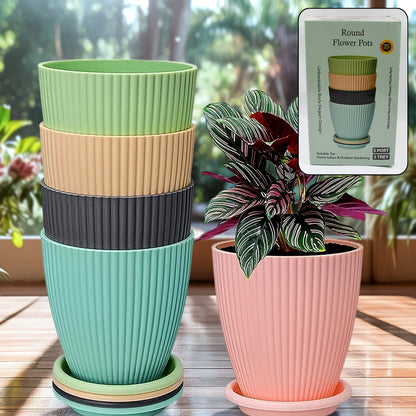 Plastic Flower Pot With Bottom Tray (5 Pcs Set)