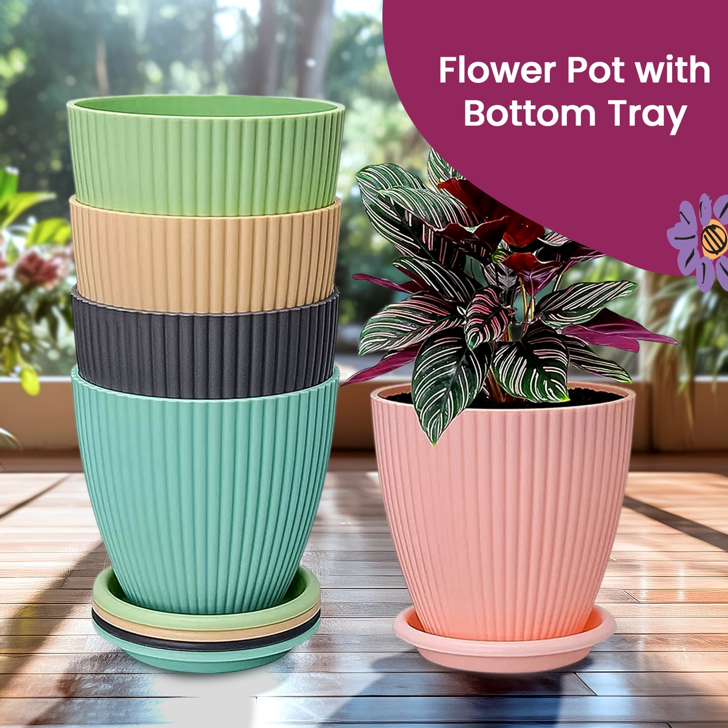 Plastic Flower Pot With Bottom Tray (5 Pcs Set)