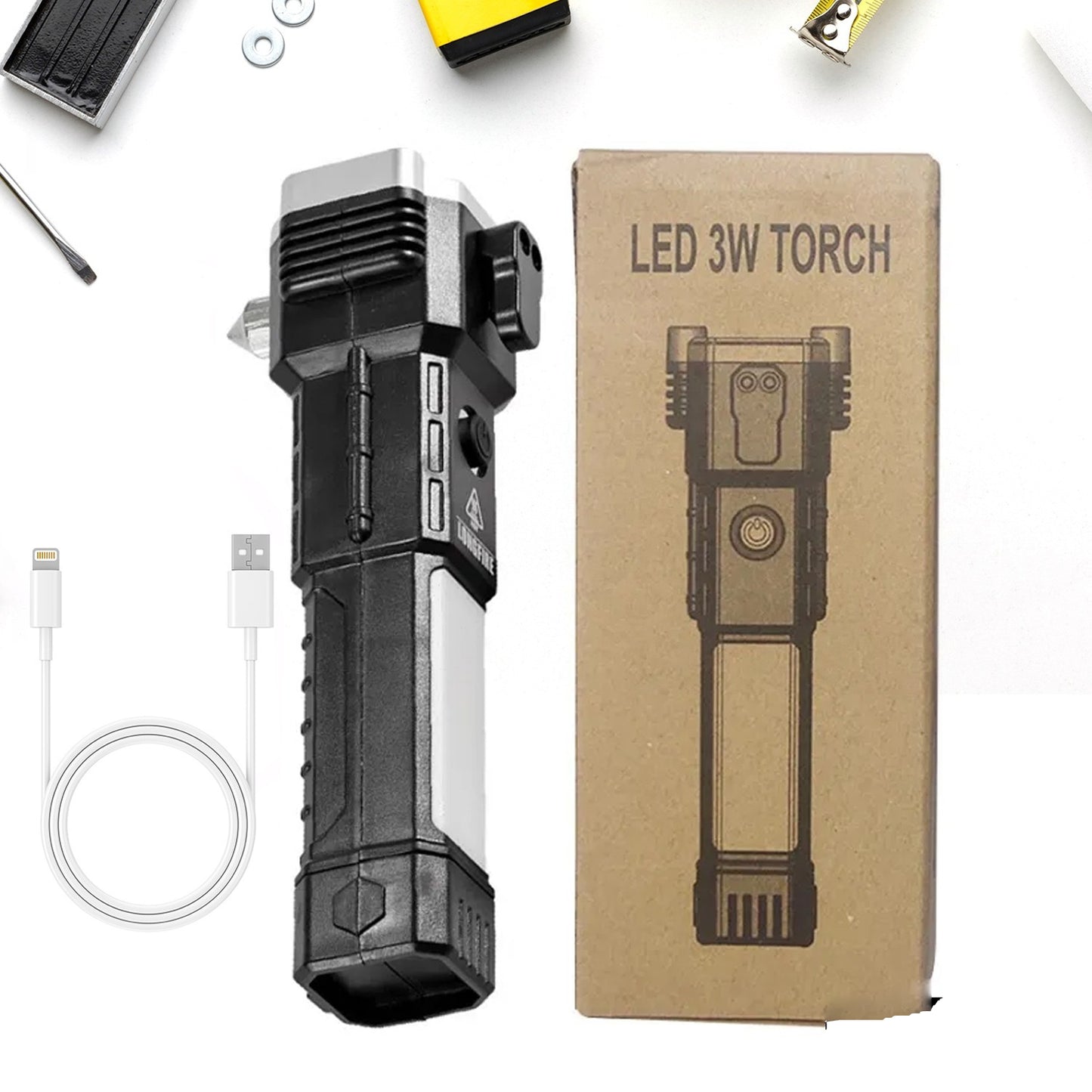 Portable 3W LED Flashlight | Rechargeable with Long Distance Beam and Multi-Function Tool