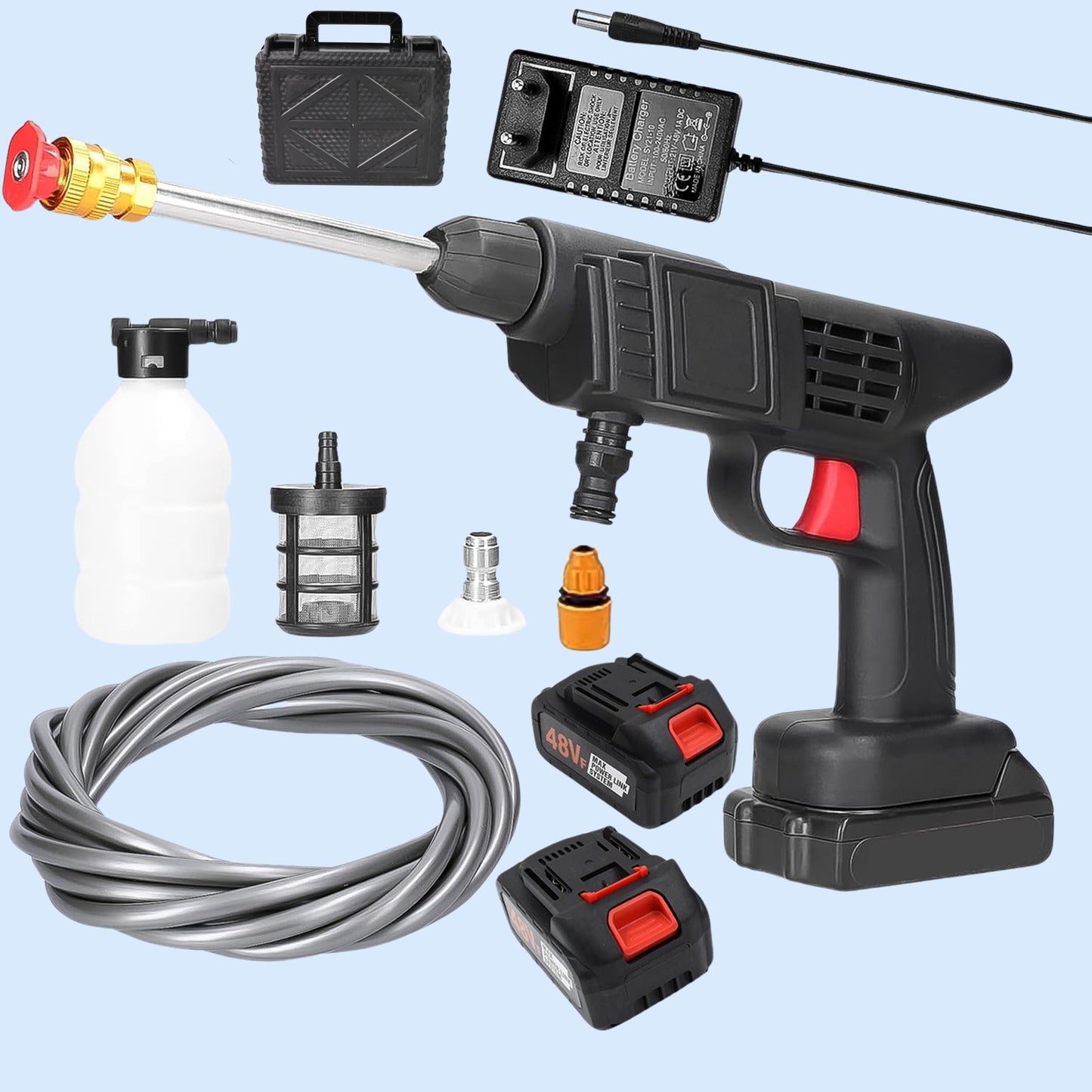 High-Pressure 48V Double Battery Car Washer Gun with 12.6V Charger – Powerful Portable Cleaning Solution for Cars, Bikes & More